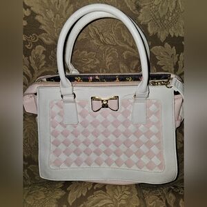 Betsey Johnson Pink and White Crossbody Satchel Purse, 10 x 13in.